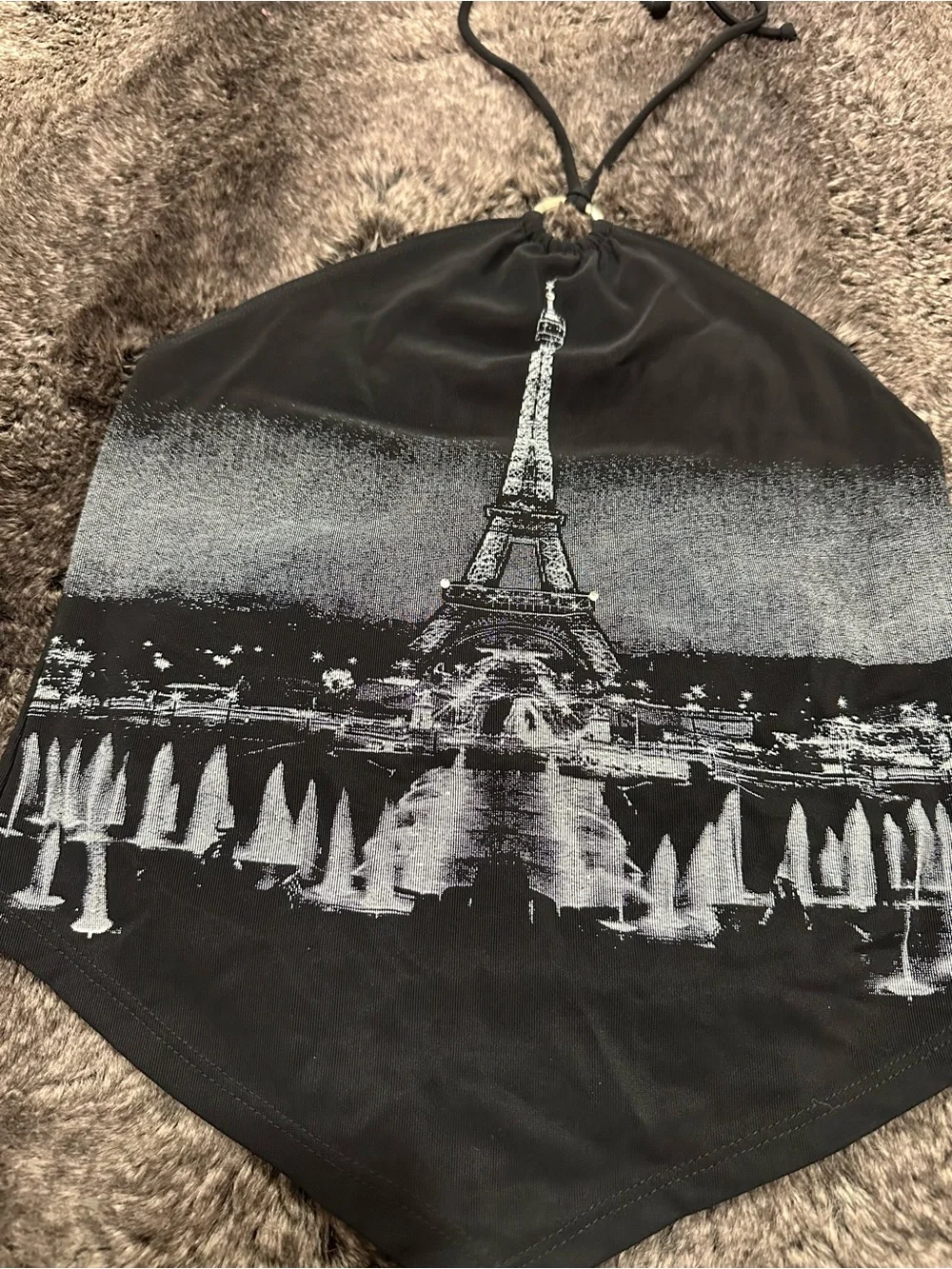 VTG TEAM USA Black Silver Beaded Eiffel Tower Paris Halter Crop Top Sz L Mcbling